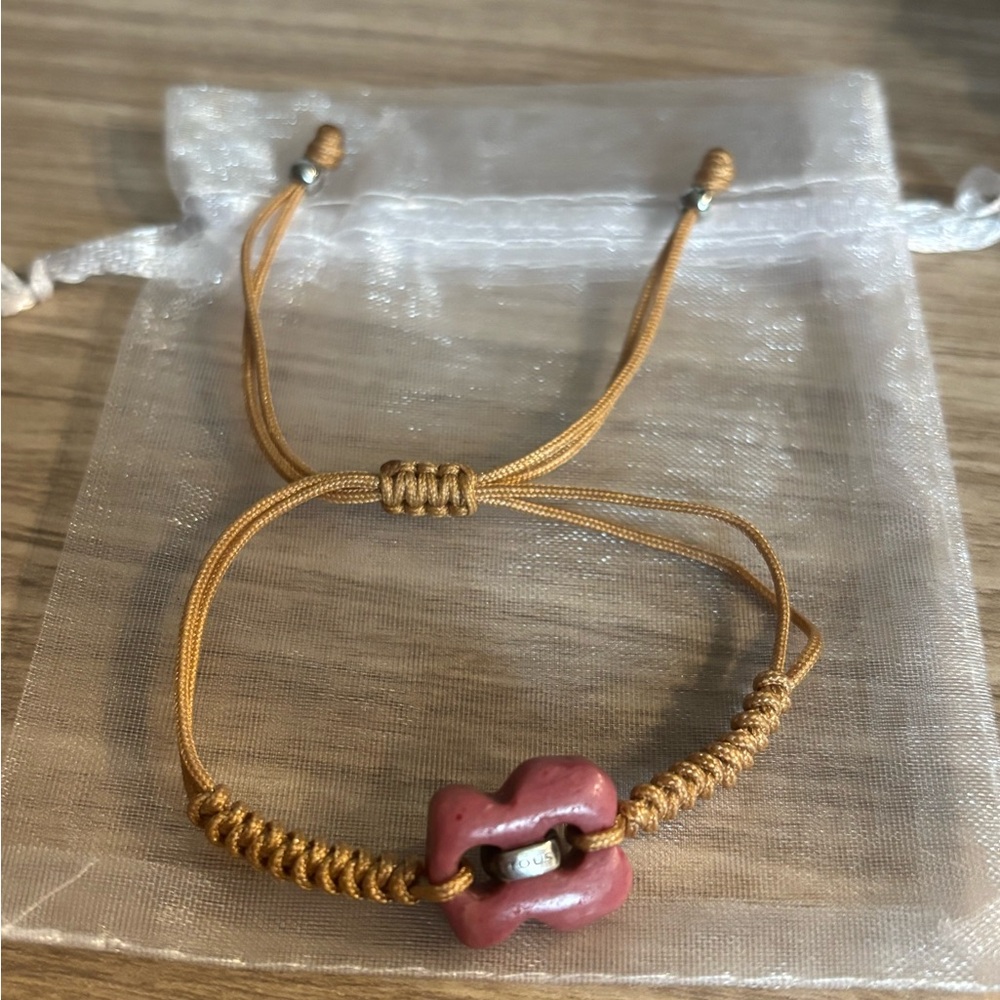 Adjustable Gold-Tone Cord Bracelet with Pink Ceramic Tous Charm